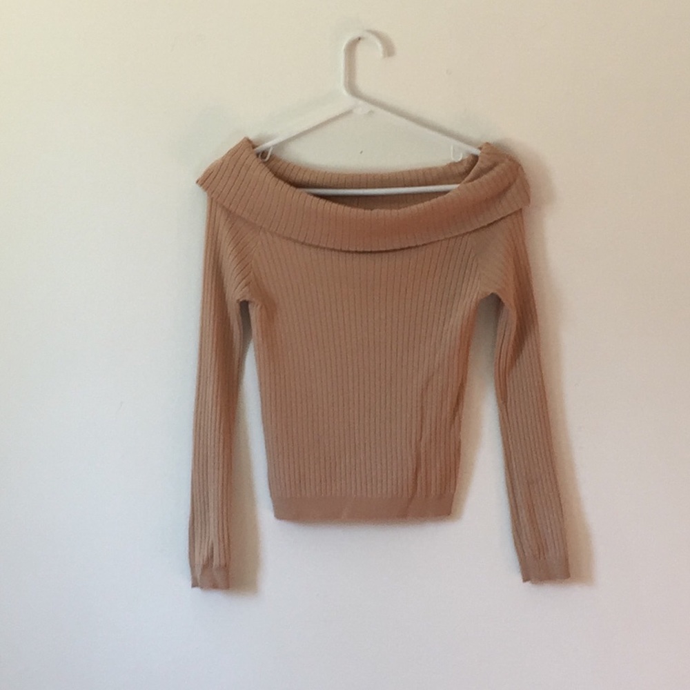 Off the shoulder tan sweater